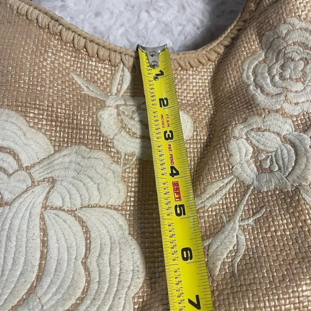 Forth & Towne Cognac synthetic woven Satchel beige embroidery tan leather straps